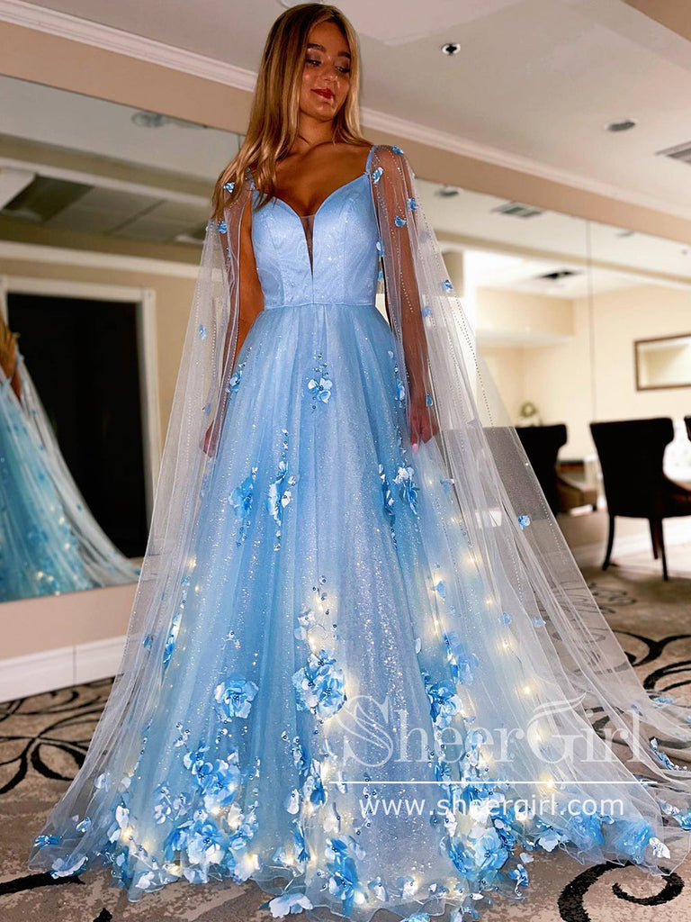 Spaghetti Straps 3D Flowers Ball Gown with Cape Long Prom Dress ARD2723-SheerGirl