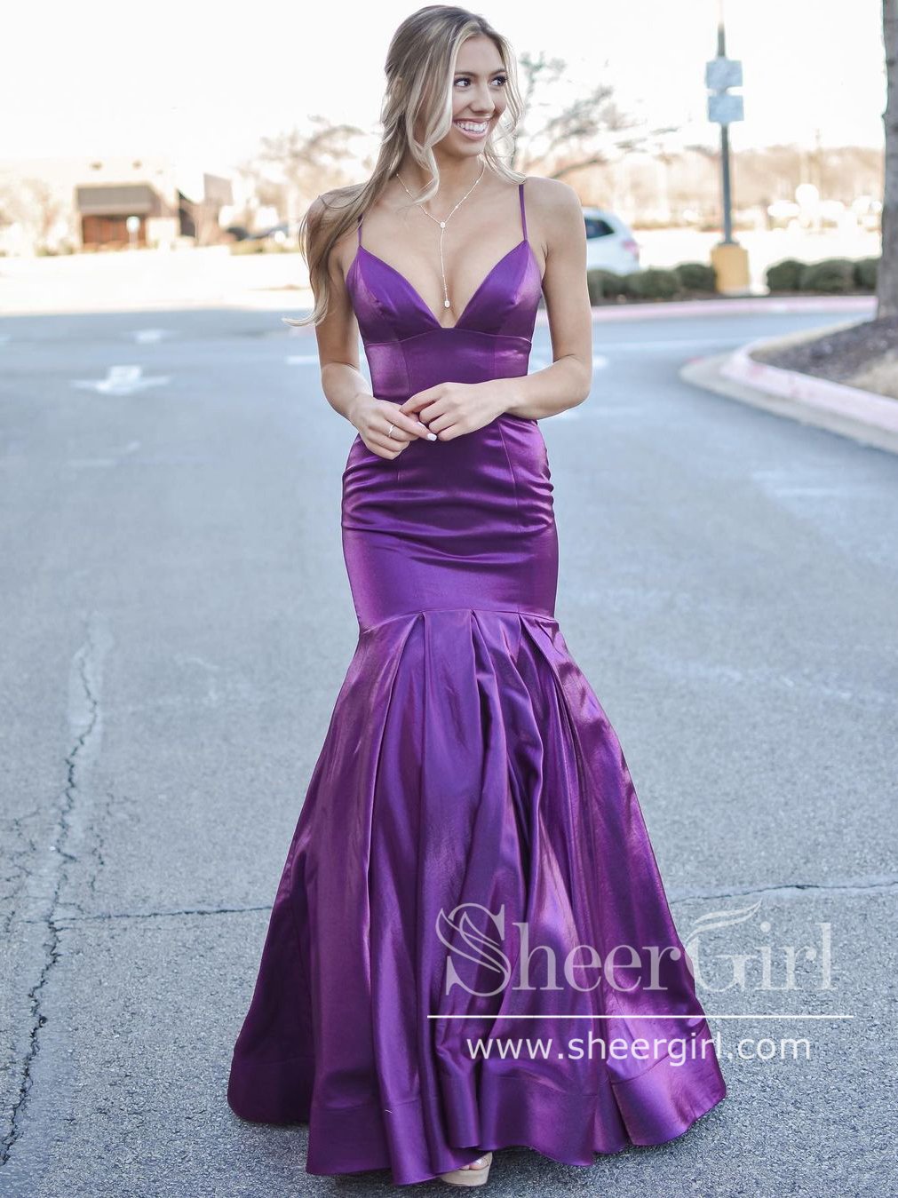 chinese dress ladies Purple Sequins Long Mermaid Prom Dress, Shiny V-Neck Evening Dress
