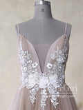 Spaghetti Straps Ivory Appliqued Bodice Dusty Rose Tulle A Line Long Prom Dress ARD2479-SheerGirl
