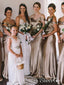 Vestido de dama de honor dorado champán con tirantes finos y hombros descubiertos ARD2488
