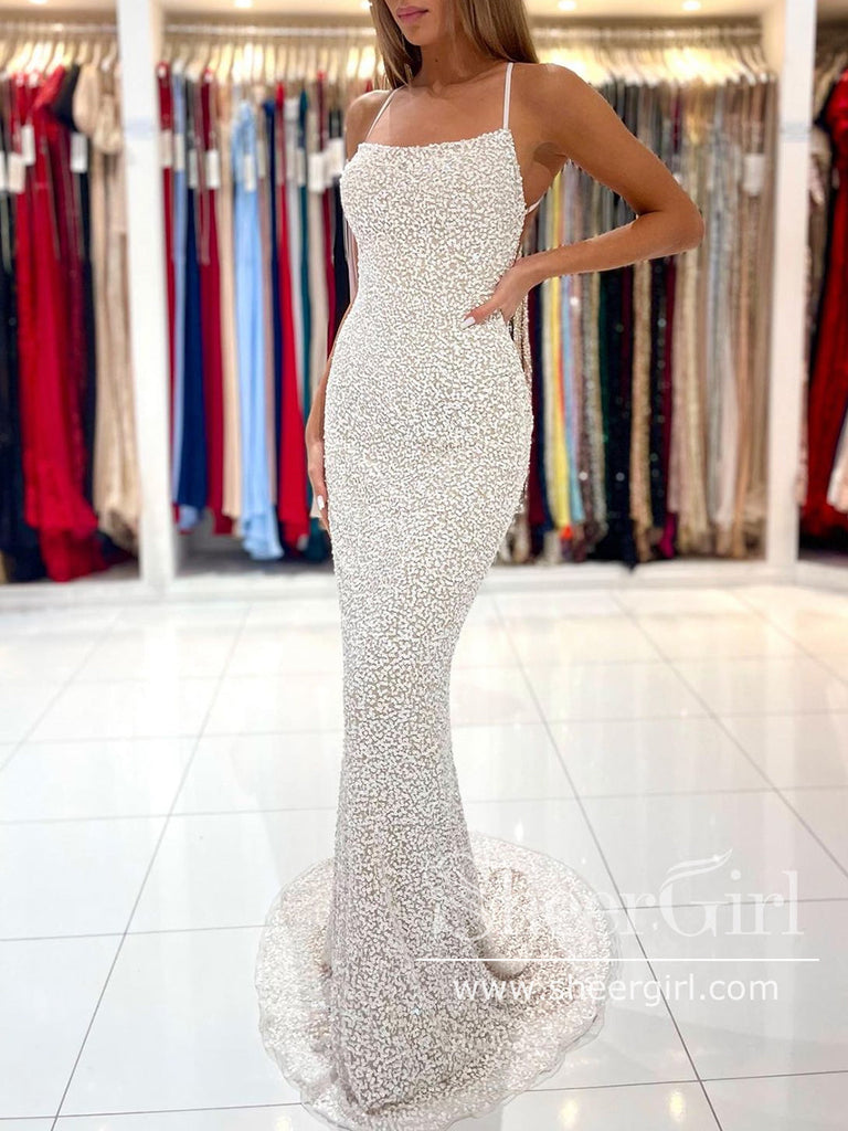 Spaghetti Straps Pearl White Prom Dresses Sparkly Sheath Formal Dress ARD2868-SheerGirl