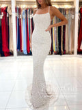 Spaghetti Straps Pearl White Prom Dresses Sparkly Sheath Formal Dress ARD2868-SheerGirl