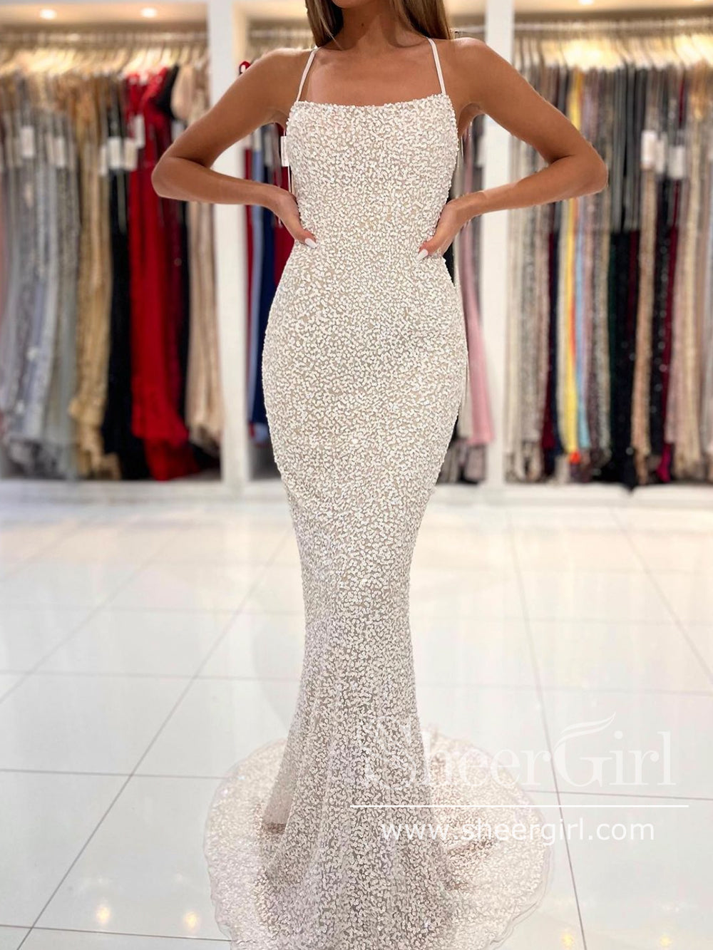 Spaghetti Straps Pearl White Prom Dresses Sparkly Sheath Formal Dress SheerGirl