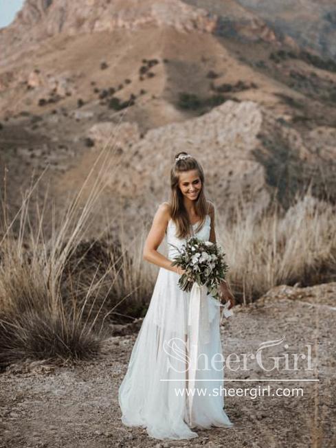 Spaghetti Straps See Through Lace Dress with Soft Tulle Floor Length Wedding Dress AWD1712-SheerGirl