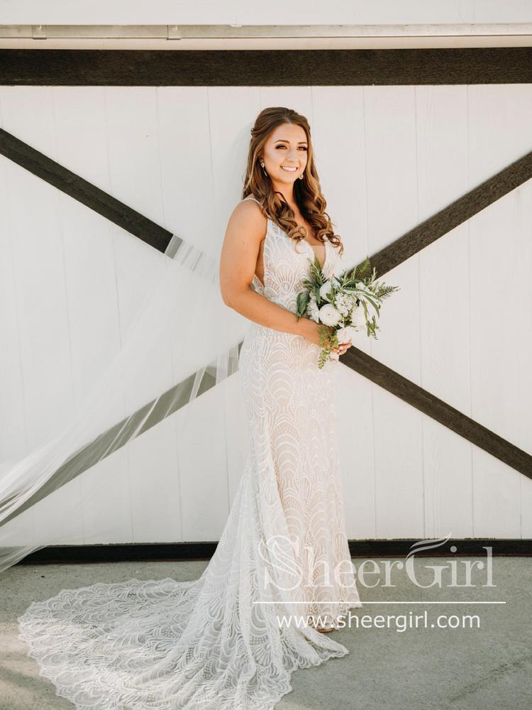 Spaghetti Straps Sheath Boho Wedding Dress Rustic Lace Wedding Dresses   SheerGirl