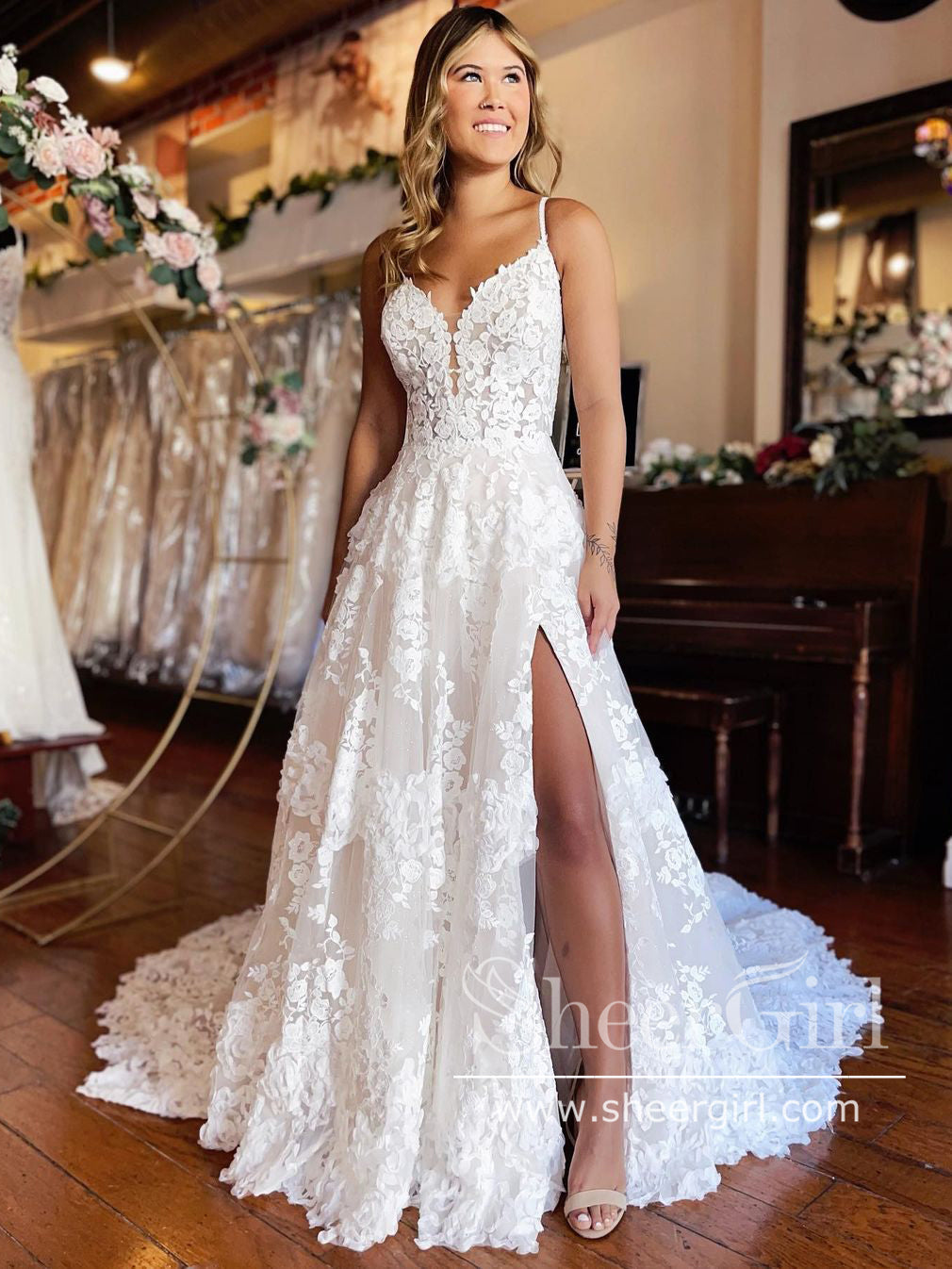 Spaghetti Straps Sweetheart Neck A Line Wedding Dress Tulle Bridal Gown with High Slit AWD1903 Spaghetti Straps Sweetheart Neck A Line Wedding Dress Tulle Bridal Gown with High Slit AWD1903