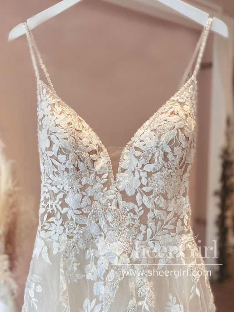 Spaghetti Straps Vintage Lace Wedding Dress with Sweetheart Neckline AWD1820-SheerGirl