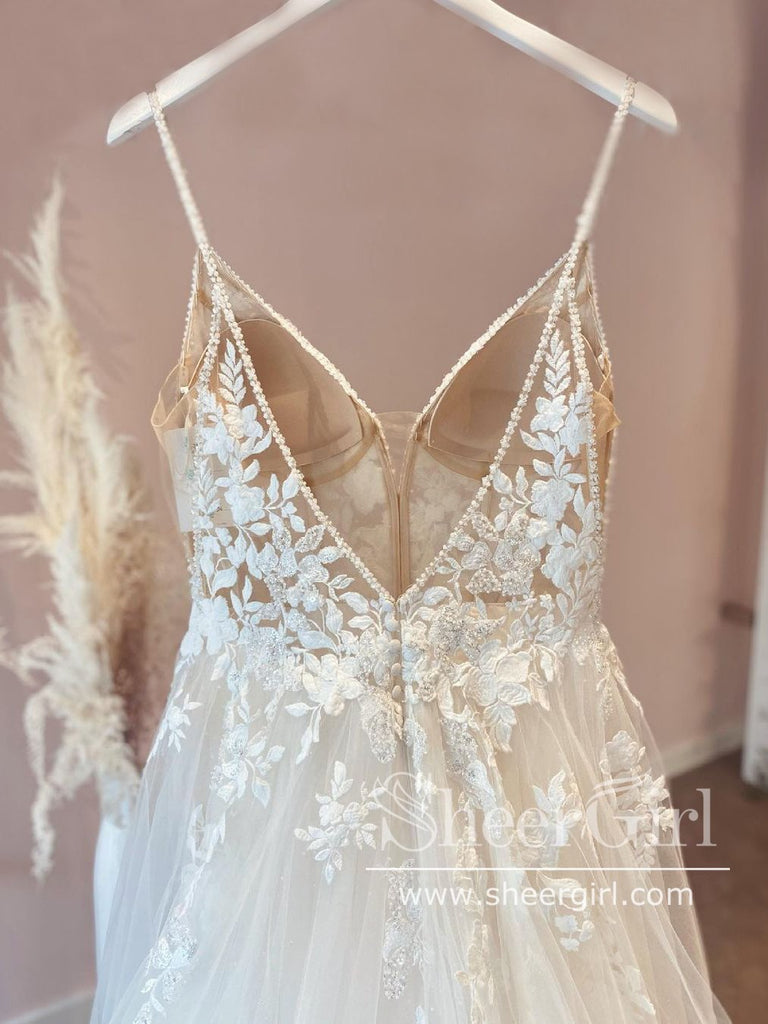 Spaghetti Straps Vintage Lace Wedding Dress with Sweetheart Neckline AWD1820-SheerGirl