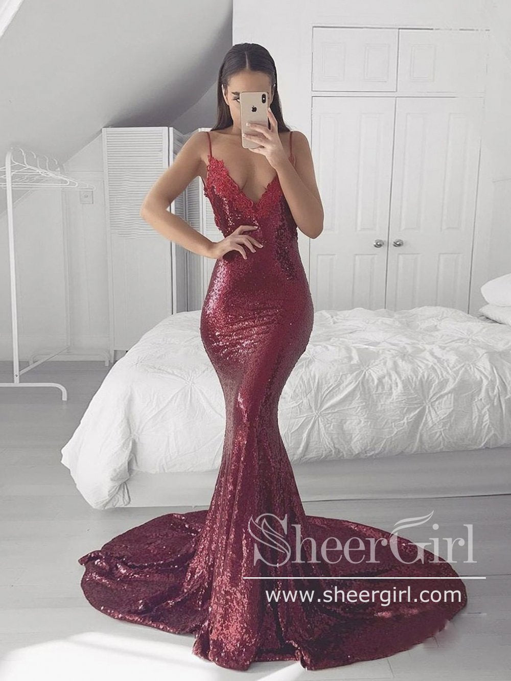 green emerald velvet dress Burgundy Sequin Prom Dresses with Pockets Wide Straps Formal Dress 24005 Custom Colors / 24W main image 1