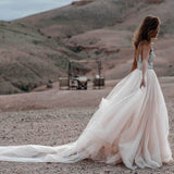 Sparkle Beaded Champagne Wedding Dresses A Line Backless Bridal Gown AWD1340-SheerGirl