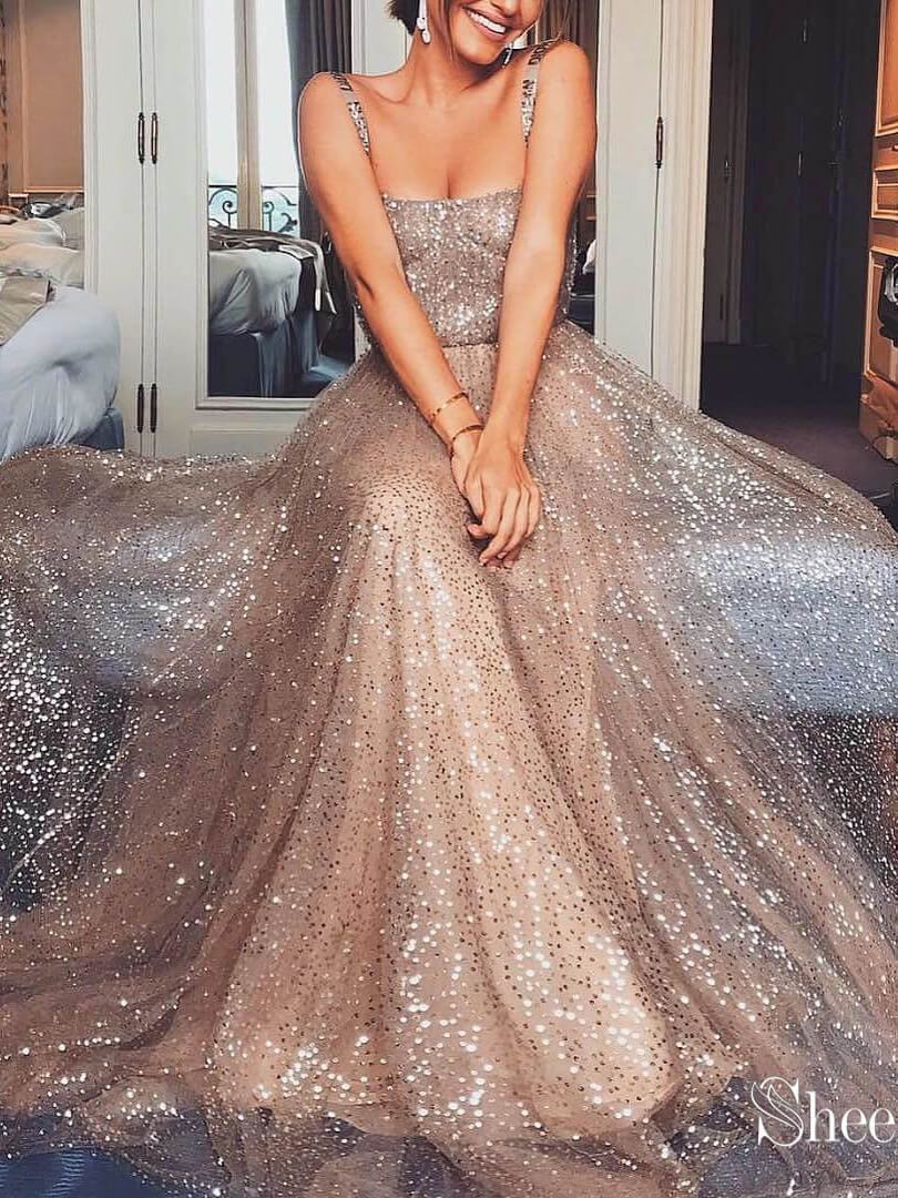 Sparkle Champagne Gold Long Prom Dresses with Straps ARD2101 Sparkle Champagne Gold Long Prom Dresses with Straps ARD2101