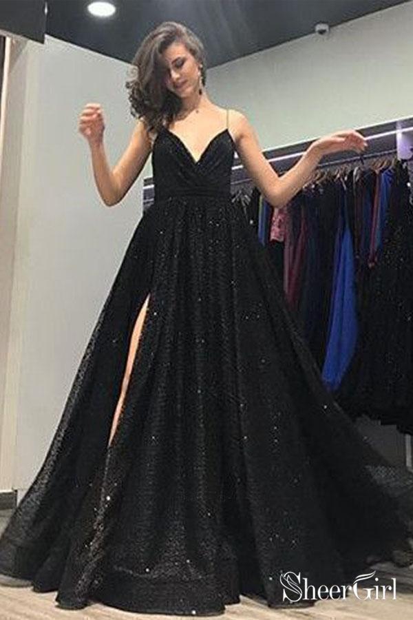 Sparkle Sequin Spaghetti Strap Black Long Prom Dresses with Slit ARD2108-SheerGirl