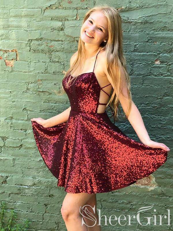 Sparkly Burgundy Homecoming Dresses Backless A-Line Mini Party Dress ARD2443