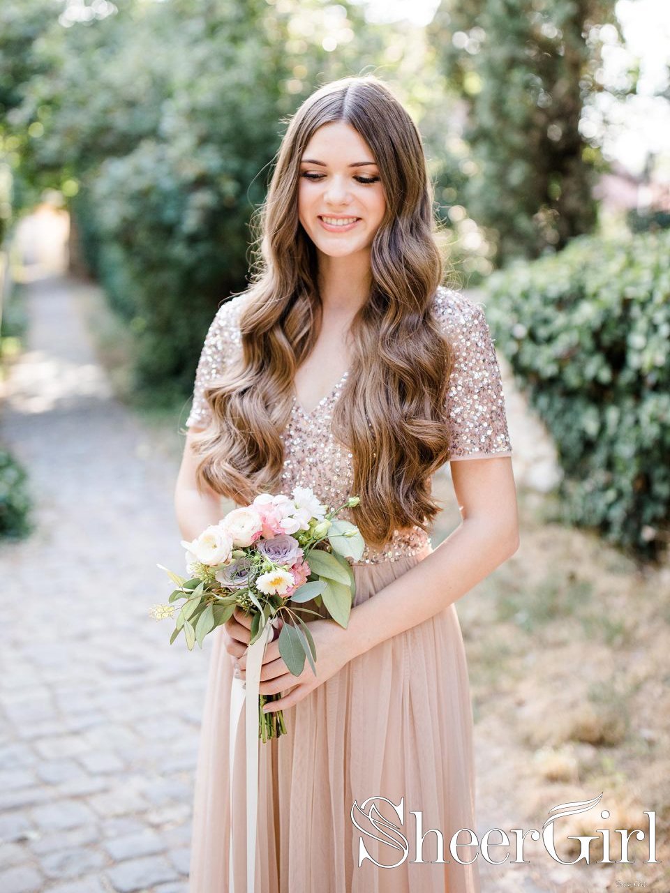 juniors gold sequin dress Rose Gold Sequins Long Bridesmaid Dress with Cowl Back – FancyVestido main image 0