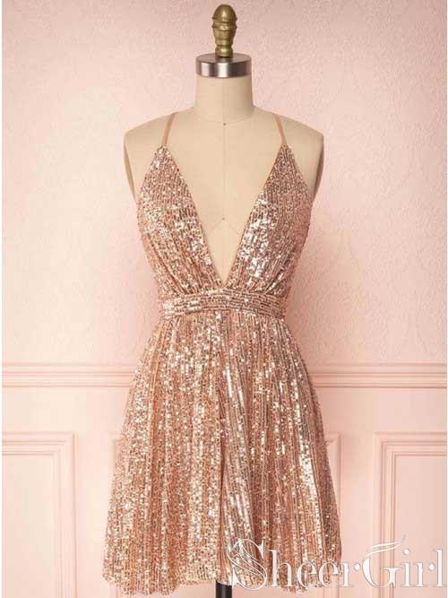 Sparkly Deep V-neck Homecoming Dress Sequins Backless Formal Dresses A SheerGirl Sparkly Deep V-neck Homecoming Dress Sequins Backless Formal Dresses A SheerGirl