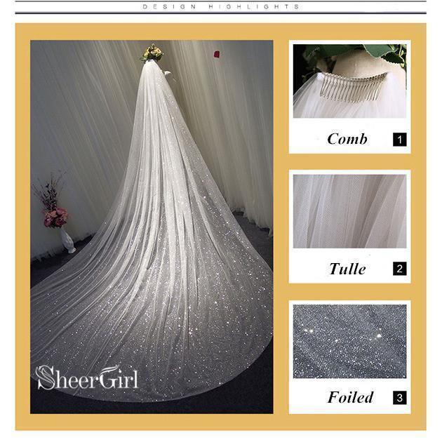 Sparkly Firework Printed Ivory Tulle Bridal Veils Cathedral Train ACC1041-SheerGirl