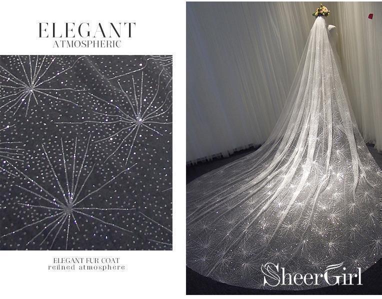 Sparkly Firework Printed Ivory Tulle Bridal Veils Cathedral Train