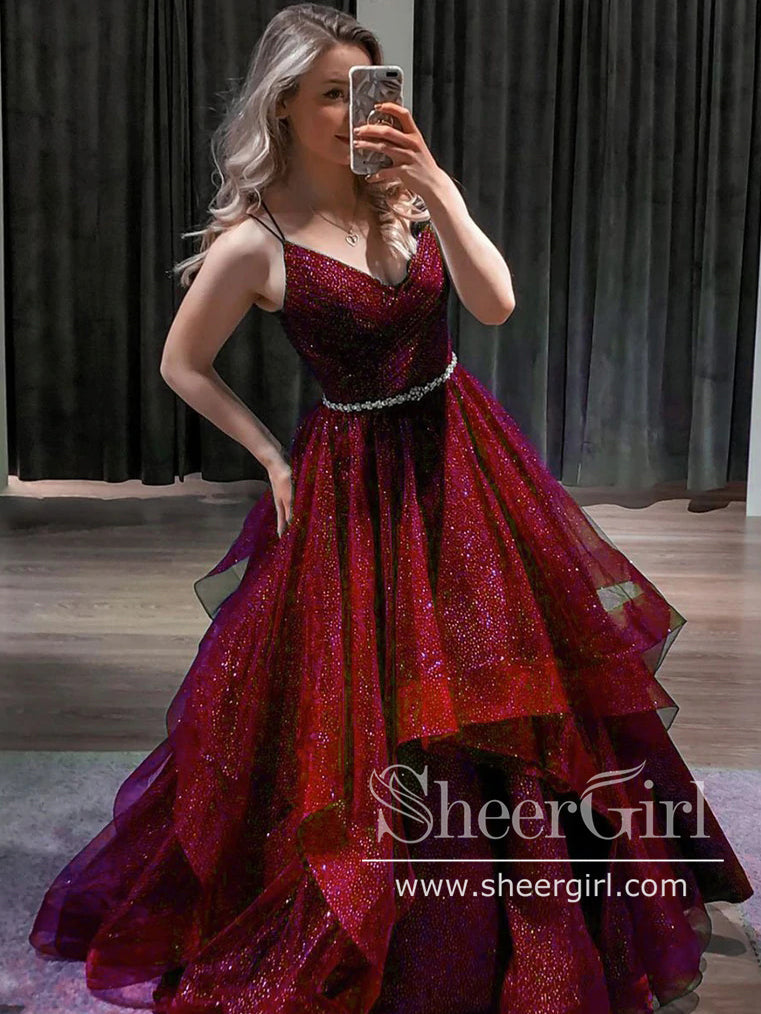 Sparkly Prom Gown Shiny Ball Gown Navy Blue Tulle Long Prom Dresses ARD2725-SheerGirl