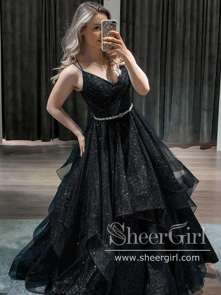 Sparkly Prom Gown Shiny Ball Gown Navy Blue Tulle Long Prom Dresses AR SheerGirl Sparkly Prom Gown Shiny Ball Gown Navy Blue Tulle Long Prom Dresses AR SheerGirl