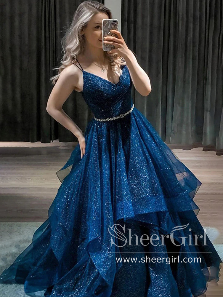 Sparkly Prom Gown Shiny Ball Gown Navy Blue Tulle Long Prom Dresses ARD2725-SheerGirl