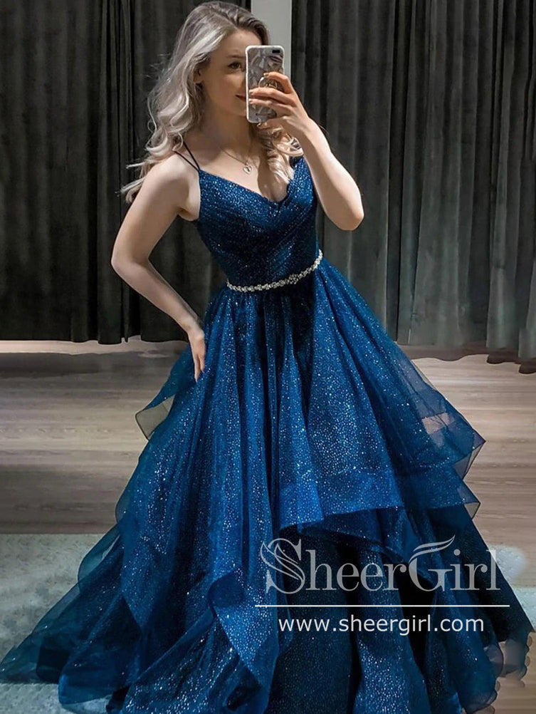 Sparkly Prom Shiny Ball Gown Navy Blue Tulle Long Prom Dresses AR –