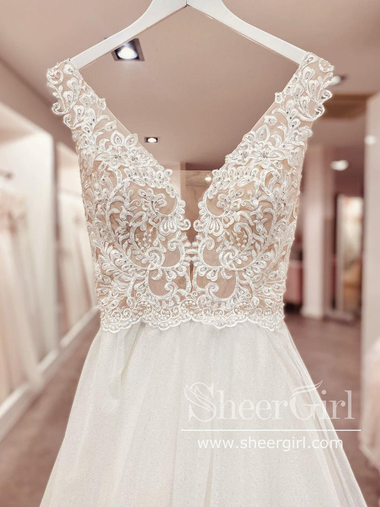 Sparkly Tulle Bridal Gown Floral Vintage Lace V Neck Wedding Dress AWD1894-SheerGirl