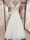 Sparkly Tulle Bridal Gown Floral Vintage Lace V Neck Wedding Dress AWD1894-SheerGirl