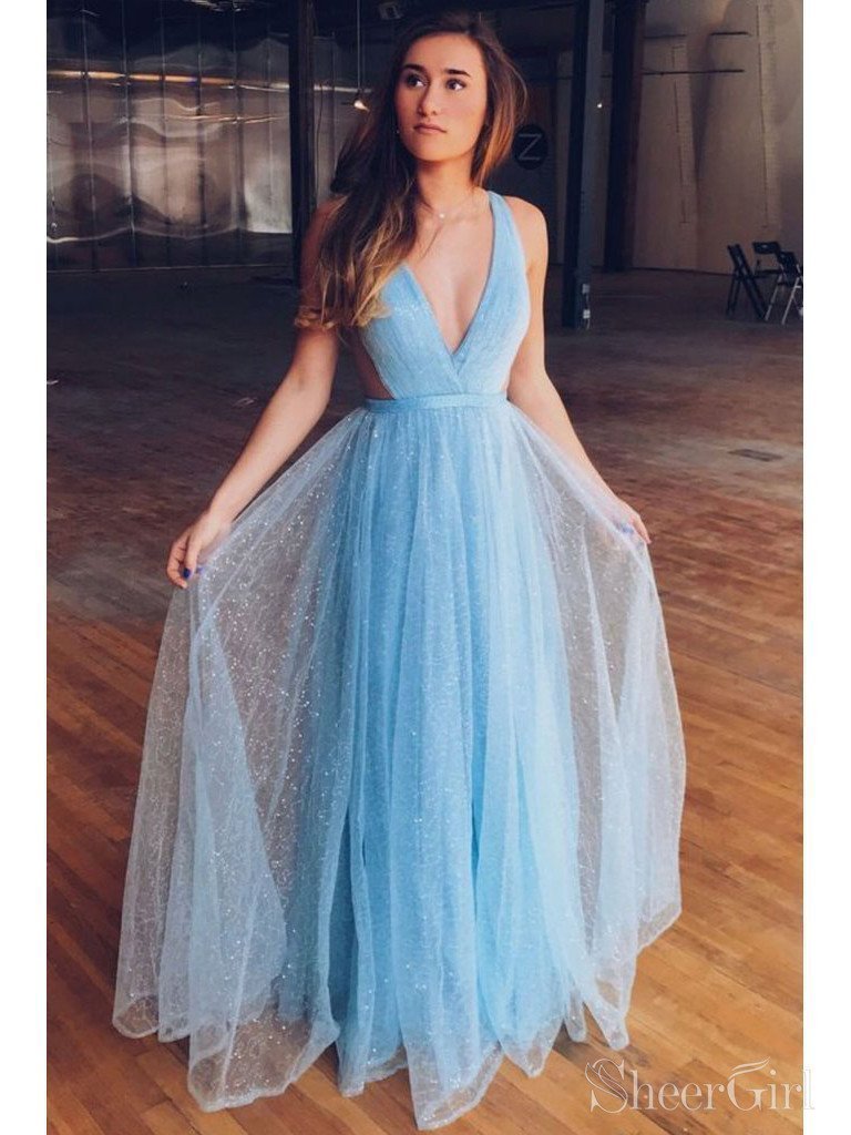 Sparkly Tulle Sky Blue Prom Dresses V Neck Fittle Prom Dress Long ARD2115 Sparkly Tulle Sky Blue Prom Dresses V Neck Fittle Prom Dress Long ARD2115