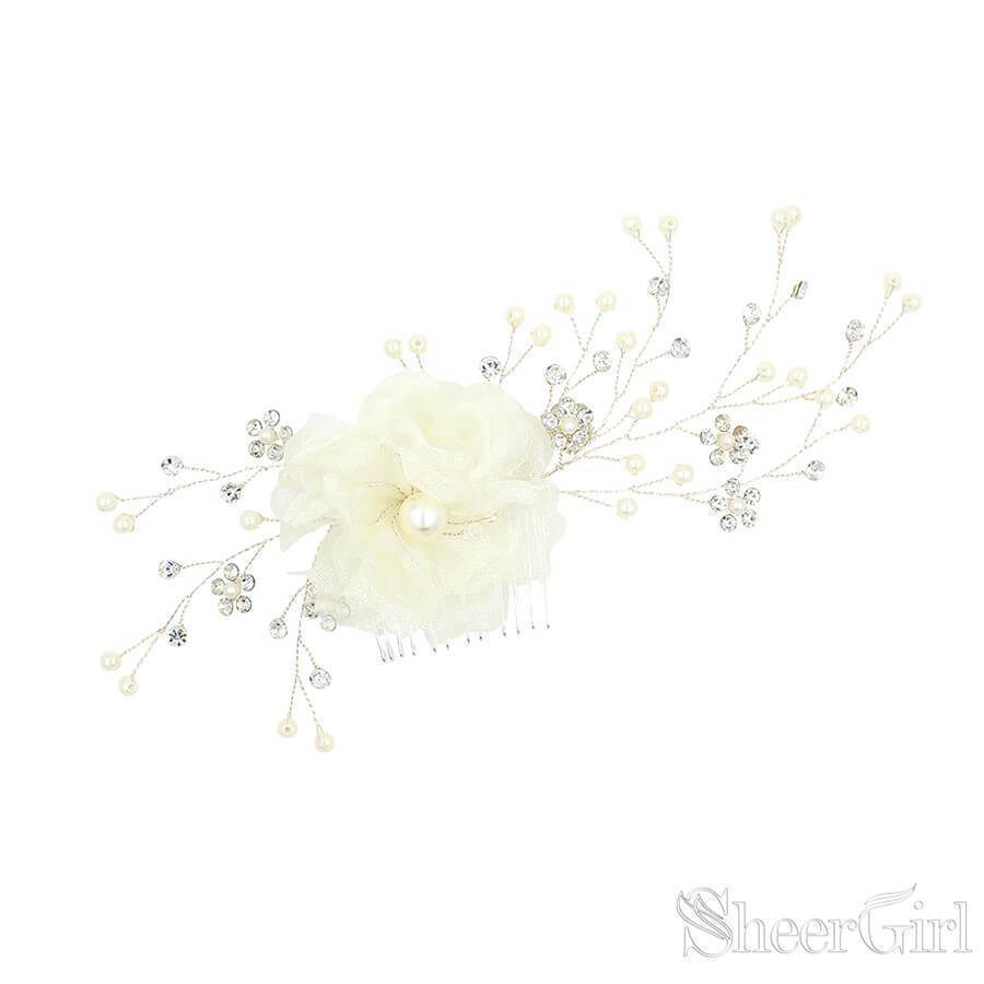Spray Crystal Berry Bridal Comb with 3D Organza Flower ACC1107-SheerGirl
