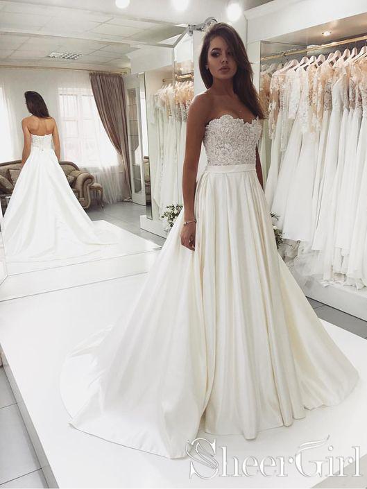 simple strapless a line wedding dress Simple Strapless White A line Zipper up A line Princess Wedding Dress