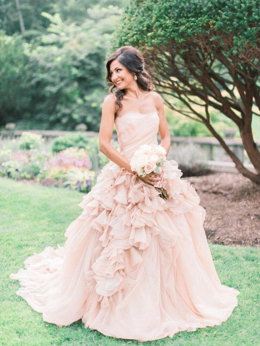 Strapless Blush Pink Ball Gown Wedding Dresses Organza Ruffle