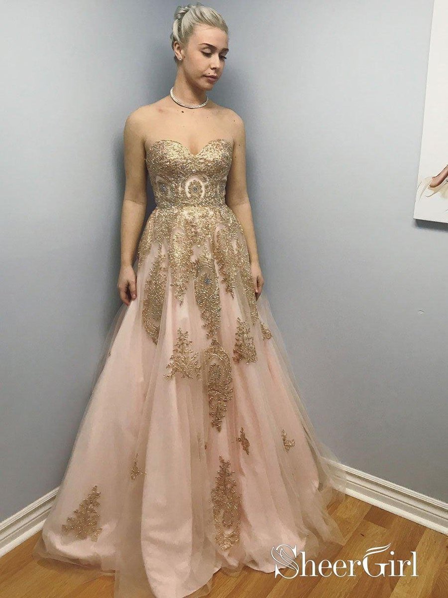 blush and gold prom dress Strapless Long Vintage Prom Dresses Quinceanera Ball Gowns |Sheergirl.com –  SheerGirl