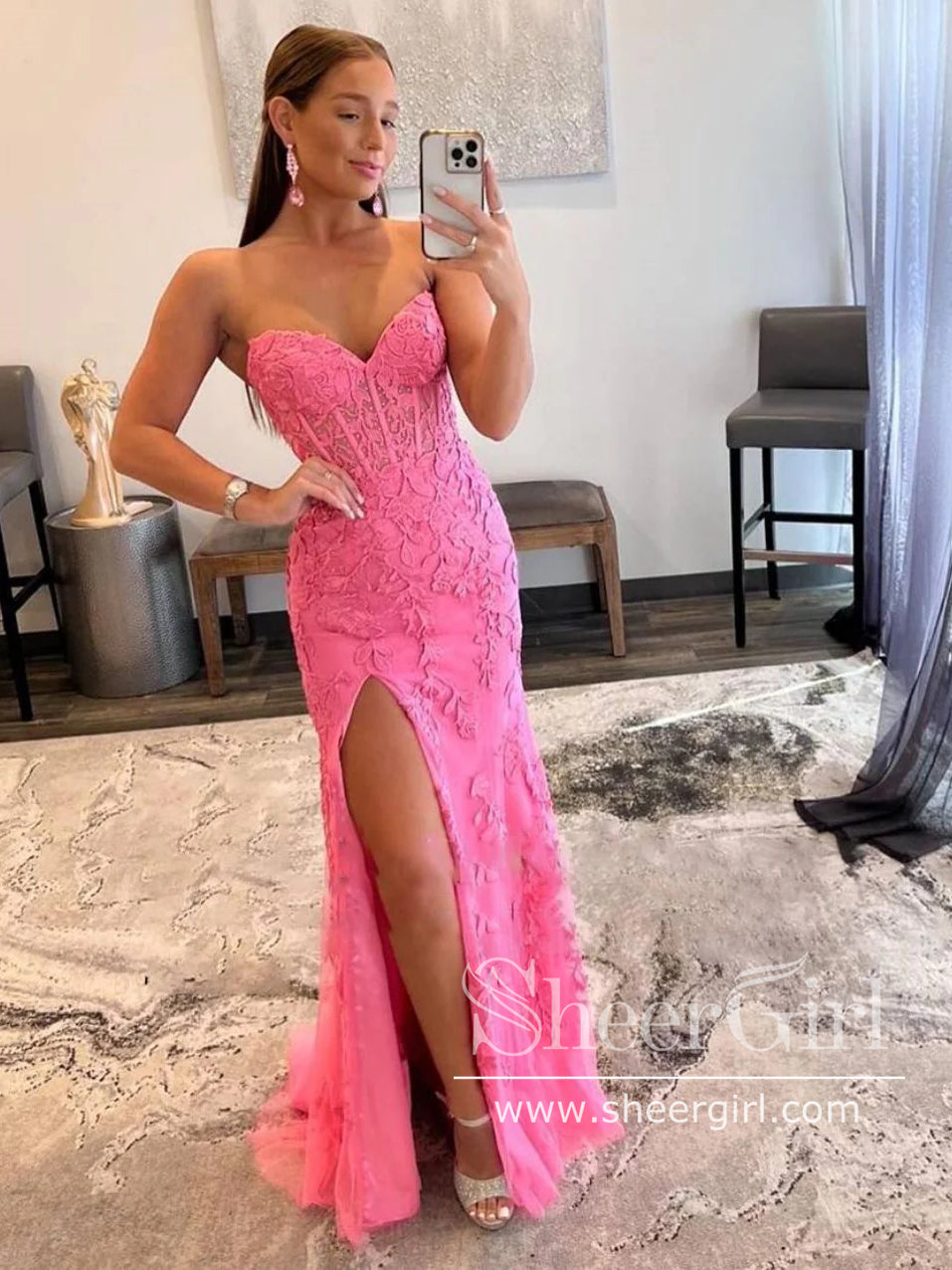 Hot pink strapless prom dress hot sale