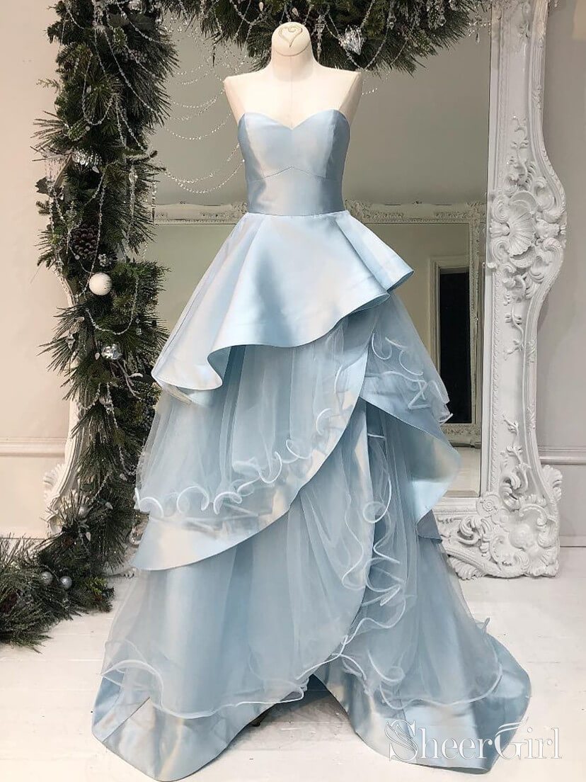 chinese dress ladies Strapless Light Blue Long Prom Dresses Multi-Layered Ruffle Quinceanera Dress ARD1970