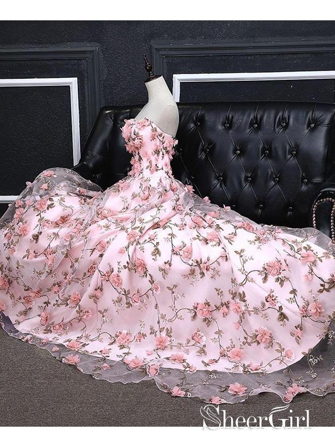 Strapless Pink Floral Prom Dresses Flower Applique Formal Dress Evening Gowns ARD1327-SheerGirl