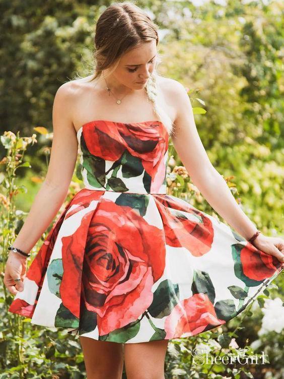 Strapless Red Floral Homecoming Dresses Vintage Short Prom Dress ARD1606 Strapless Red Floral Homecoming Dresses Vintage Short Prom Dress ARD1606