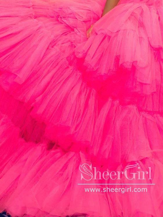 Strapless Ruffle Tulle High Low Ball Gown V Neckline Tiered Simple Prom Dress ARD2597-SheerGirl