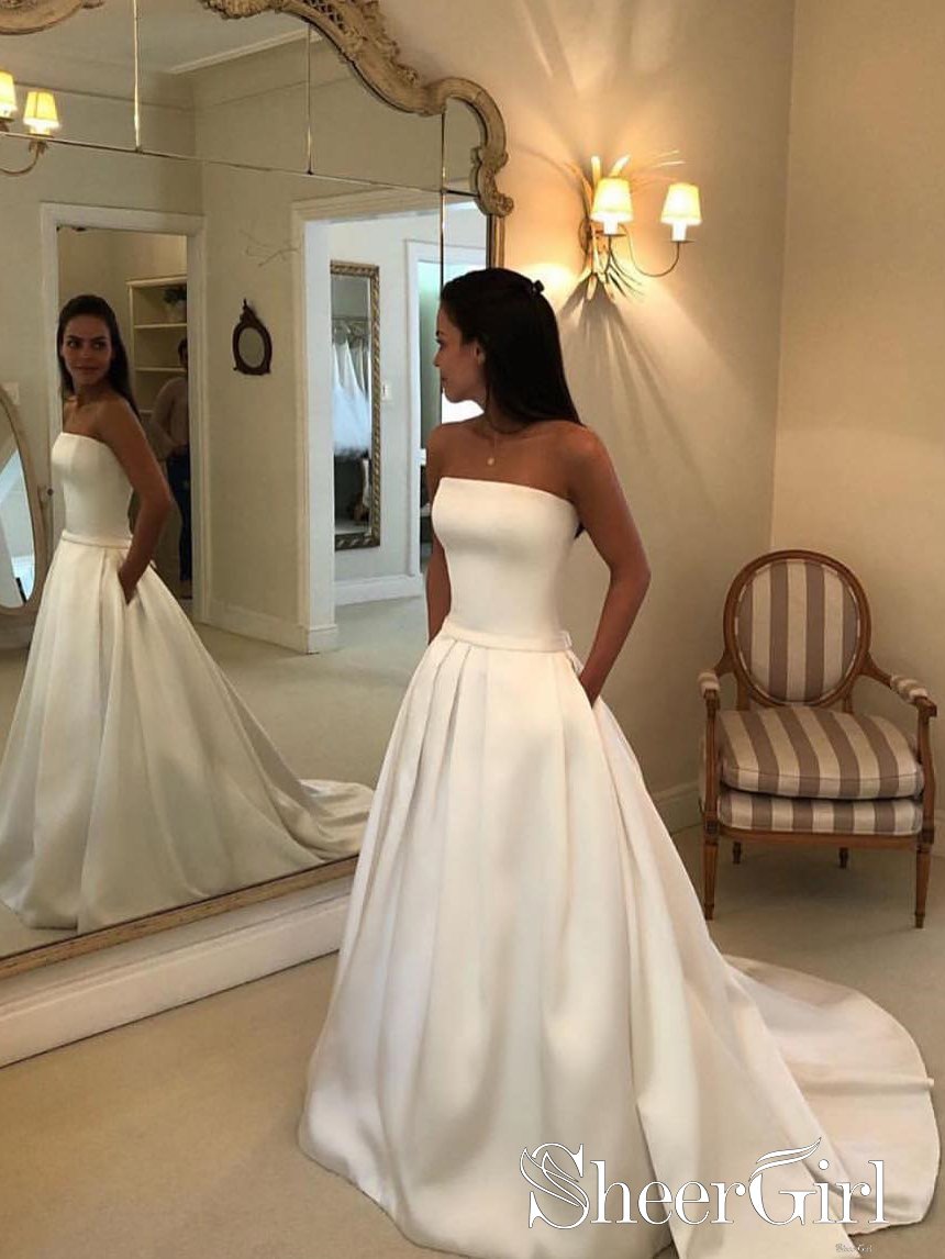 Strapless Simple Ivory Satin A Line Pleated Wedding Dresses with Court Train Bridal Dresses AWD1676 Strapless Simple Ivory Satin A Line Pleated Wedding Dresses with Court Train Bridal Dresses AWD1676