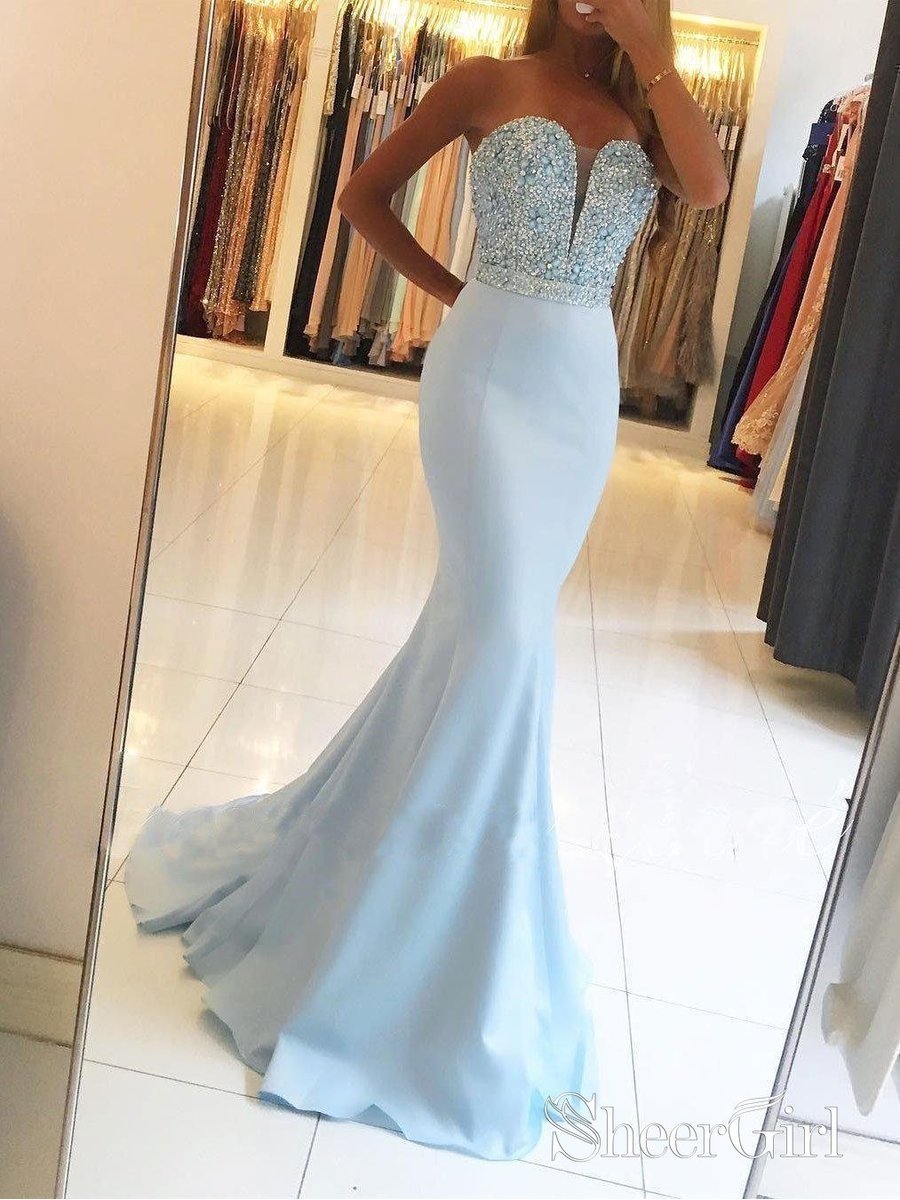 beaded bodice mermaid wedding dress Strapless Sweetheart Neck Beaded Bodice Mermaid Prom Dresses APD2841