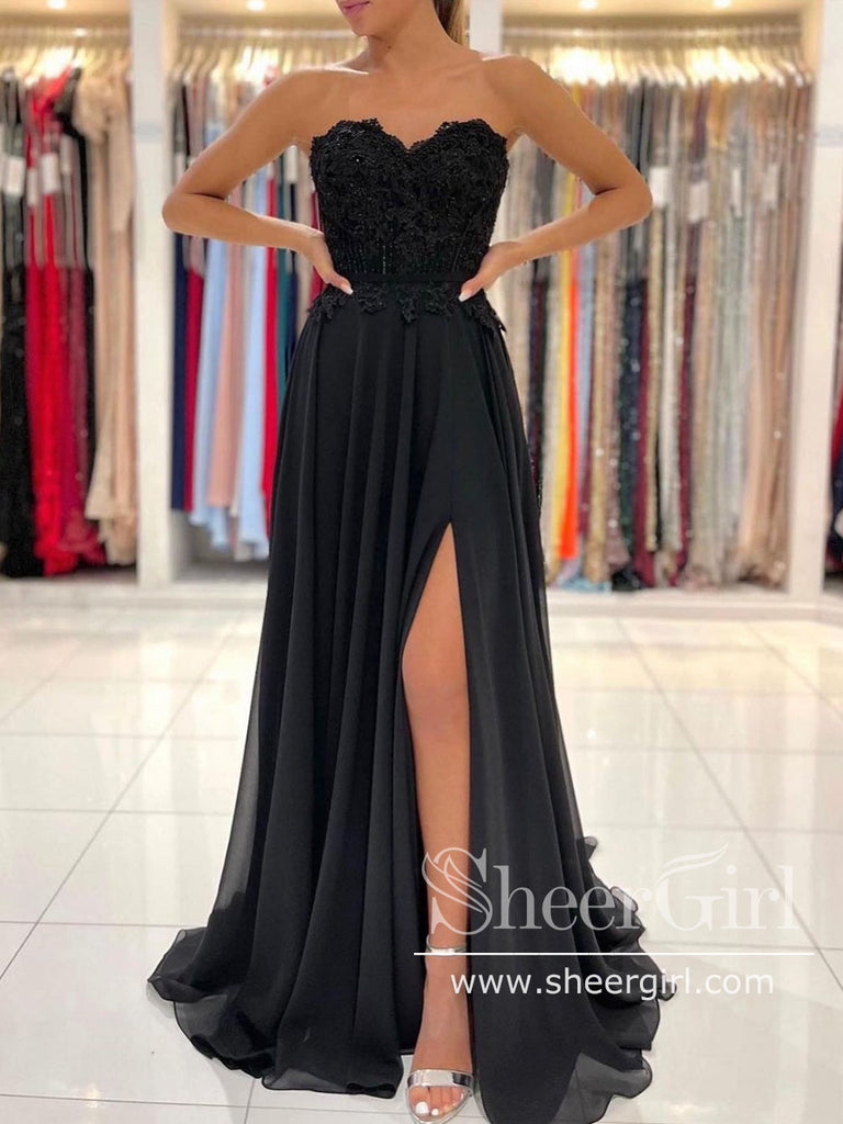 Strapless Sweetheart Neck Prom Gown with High Slit Black Prom Dress ARD2866-SheerGirl