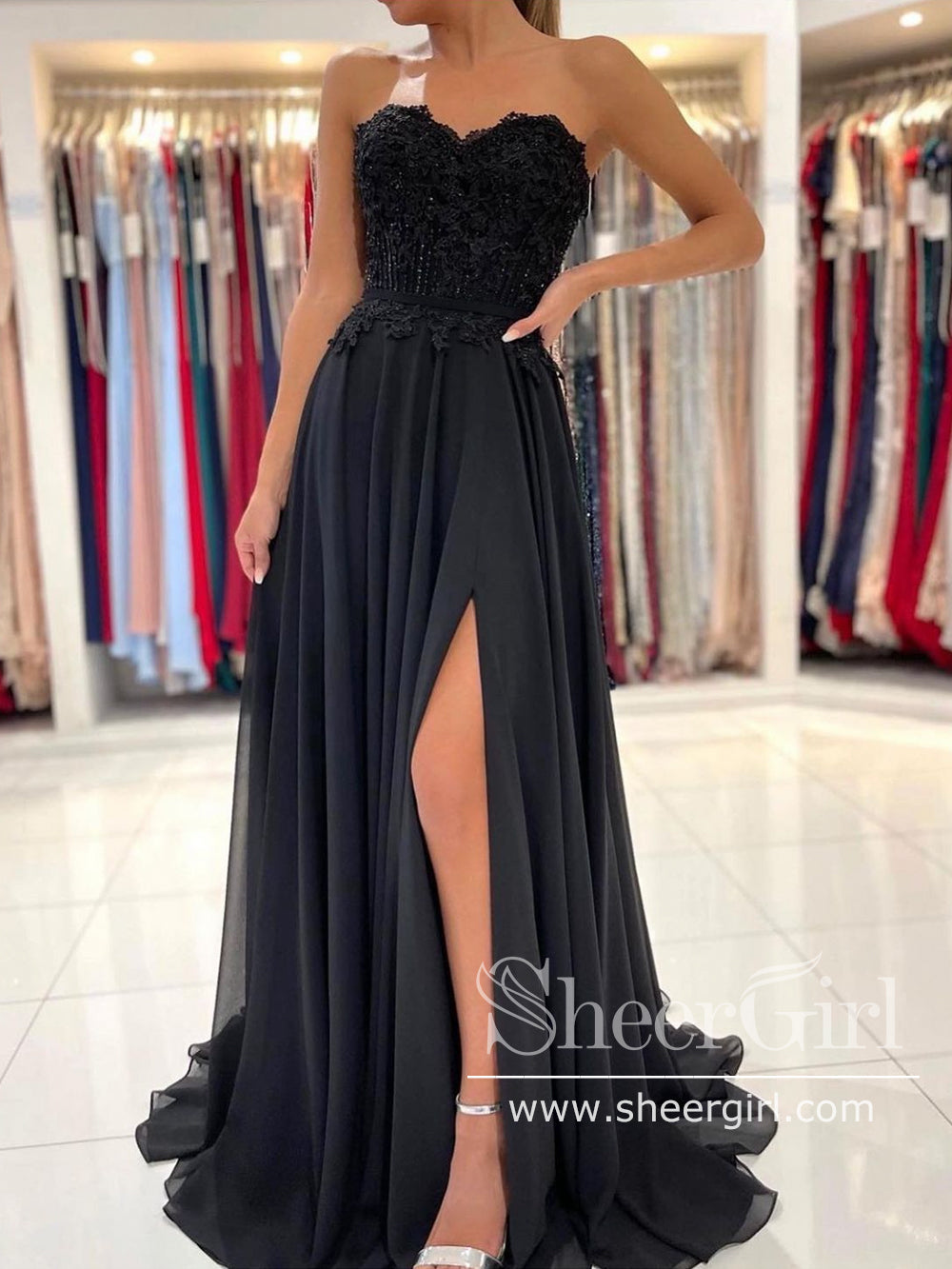 black prom dress sweetheart neckline Beaded-Bodice Long Sweetheart Prom Dress with Wrap Navy / 18