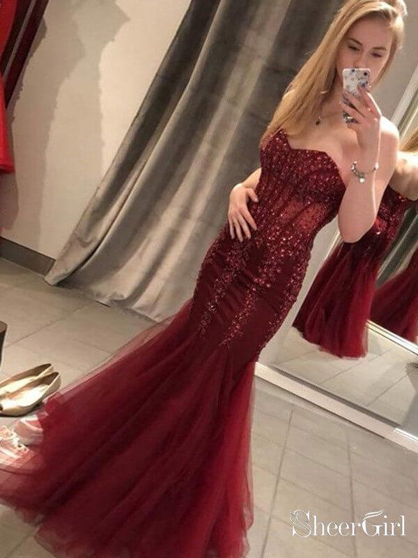 vintage red prom dress Strapless Vintage Mermaid Prom Dresses Beaded Long 20's Party Formal Dresses ARD1065