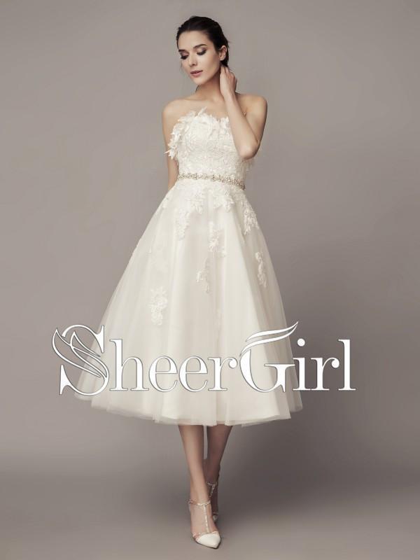 Strapless Vintage Wedding Dresses Beaded Tea Length Wedding Dresses AWD1022 Strapless Vintage Wedding Dresses Beaded Tea Length Wedding Dresses AWD1022