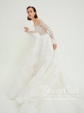 Stunning Flower Lace Boho Wedding Dresses Long Sleeve Ball Gown Tulle Bridal Dress AWD1950-SheerGirl