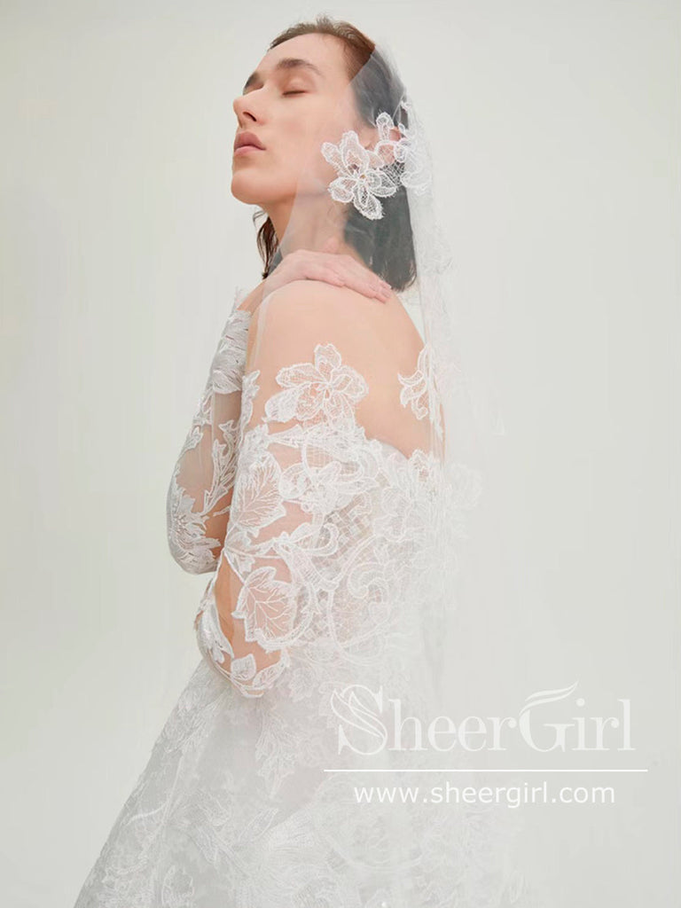 Stunning Flower Lace Boho Wedding Dresses Long Sleeve Ball Gown Tulle Bridal Dress AWD1950-SheerGirl