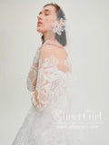 Stunning Flower Lace Boho Wedding Dresses Long Sleeve Ball Gown Tulle Bridal Dress AWD1950-SheerGirl