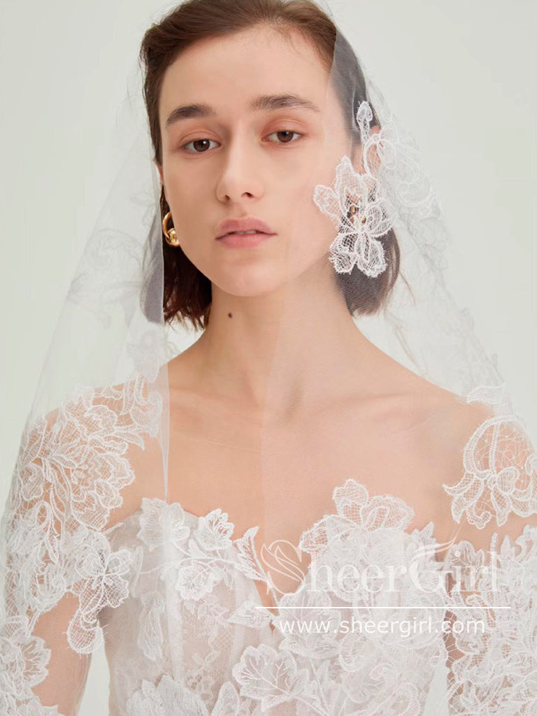 Stunning Flower Lace Boho Wedding Dresses Long Sleeve Ball Gown Tulle Bridal Dress AWD1950-SheerGirl