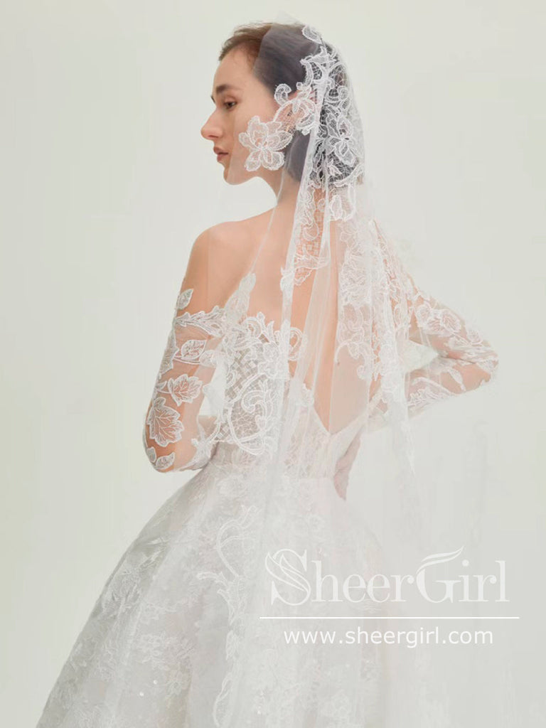 Stunning Flower Lace Boho Wedding Dresses Long Sleeve Ball Gown Tulle Bridal Dress AWD1950-SheerGirl