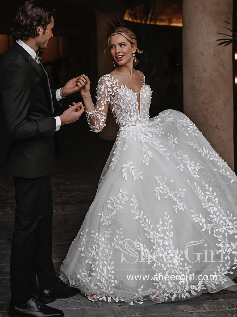 Stunning Leaves Lace Boho Wedding Dresses Long Sleeve Tulle Bridal Dress AWD1945-SheerGirl