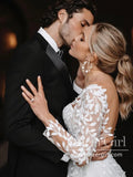 Stunning Leaves Lace Boho Wedding Dresses Long Sleeve Tulle Bridal Dress AWD1945-SheerGirl